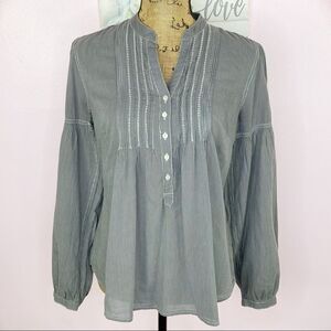 Converse One Star Striped Puntuck‎ Pleat Henley Blouse Gray Medium Long Sleeve